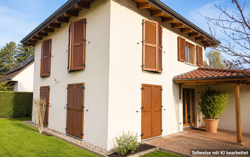 Warme Lamellen an heller Fassade