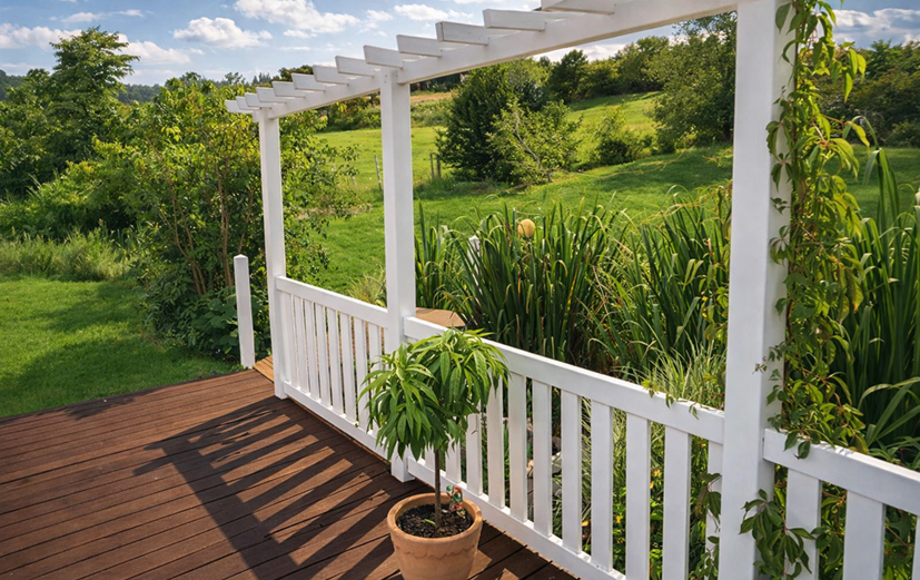 Weißer Rahmenzaun mit Pergola-Aufsatz